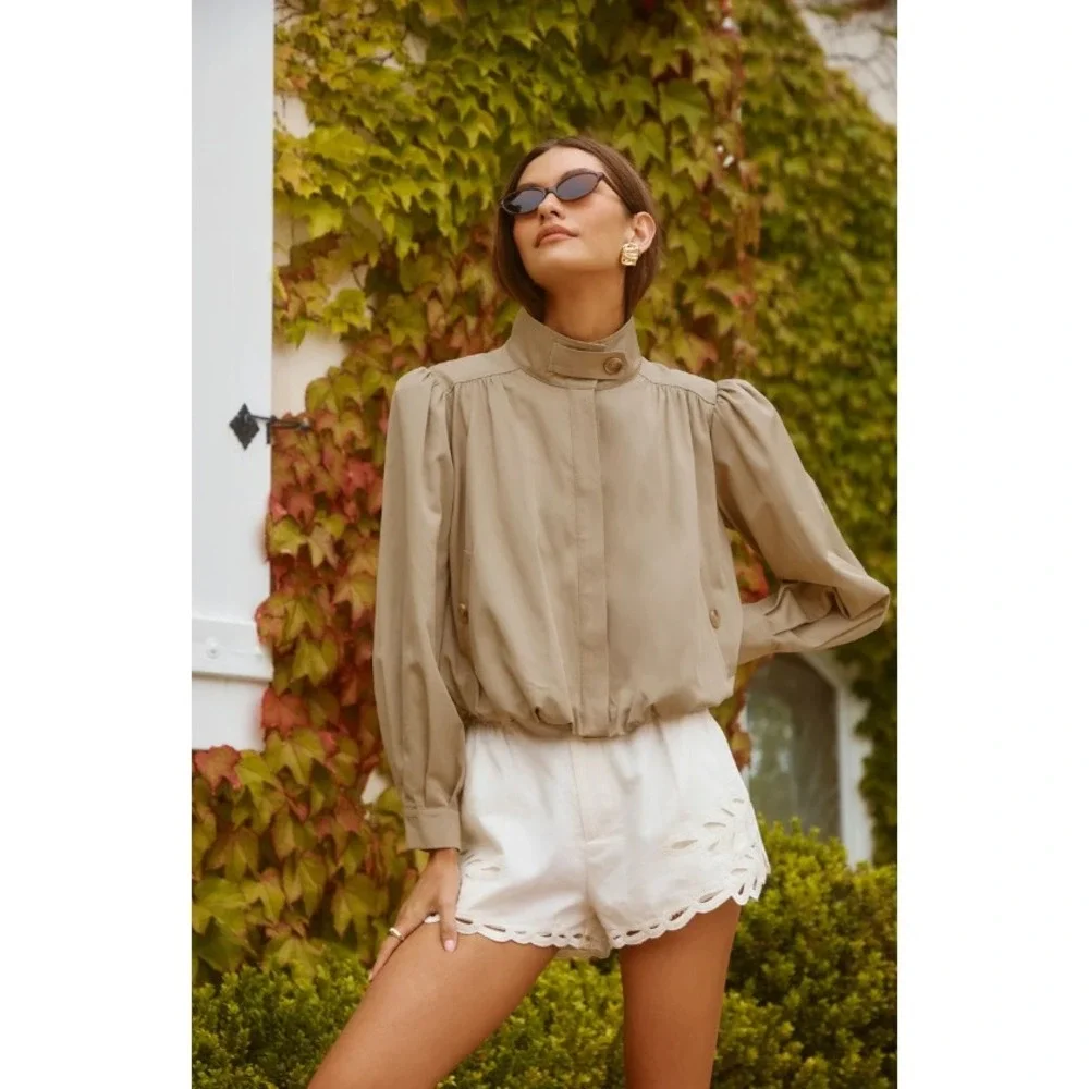ASTR Estero Gathered Sleeve Bomber Jacket Women Small Beige NWOT - Picture 6 of 11